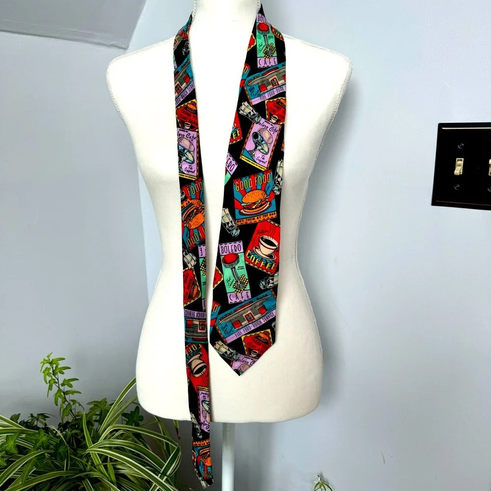 Vintage 1991 Addiction Handmade Silk Tie Bolero Cafe‎ Diner Coffee Shop 3.75"